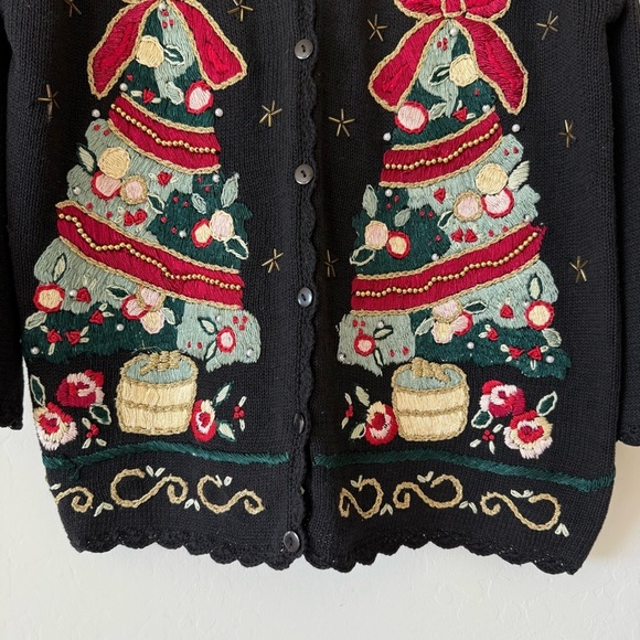 Vintage Carol Rose Embroidered Beaded Festive Scalloped Hem Christmas Cardigan - Picture 2 of 7